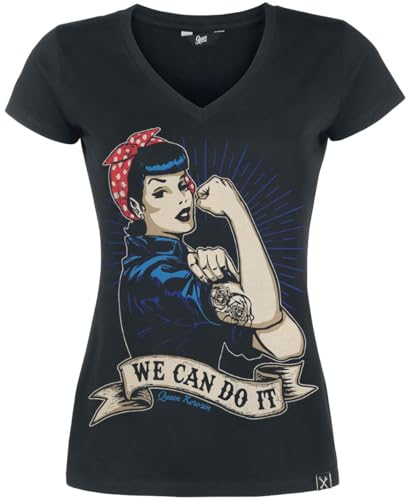 Queen Kerosin Damen Kurzarm T-Shirt Vintage Print We Can Do It V Ausschnitt Slim Fit We Can Do It, Schwarz, L von Queen Kerosin