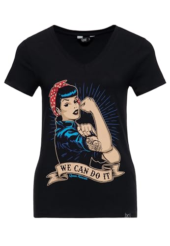 Queen Kerosin Damen Kurzarm T-Shirt Vintage Print We Can Do It V Ausschnitt Slim Fit Retro Empowerment 50S Rockabilly Rockabella 1950S We Can Do It von Queen Kerosin