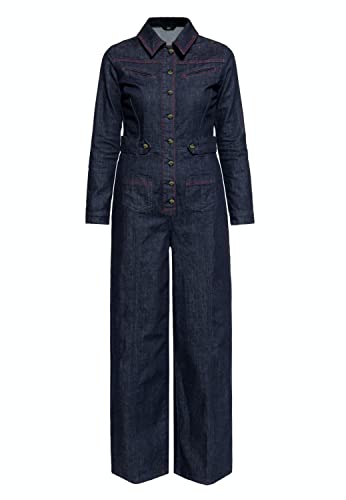 Queen Kerosin Damen Langarm Jeans Overall Denim Overall Kontrastnaht Jeans Einteiler Ausgestelltes Bein von Queen Kerosin