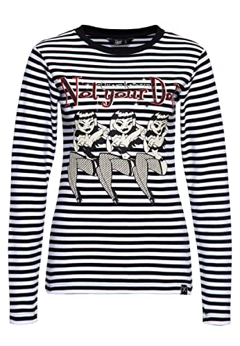 Queen Kerosin Damen Langarm Shirt Schwarz Rot Gestreift Pin-Up Frontprint Vintage Print Comic-Style 50´S Not Your Doll von Queen Kerosin