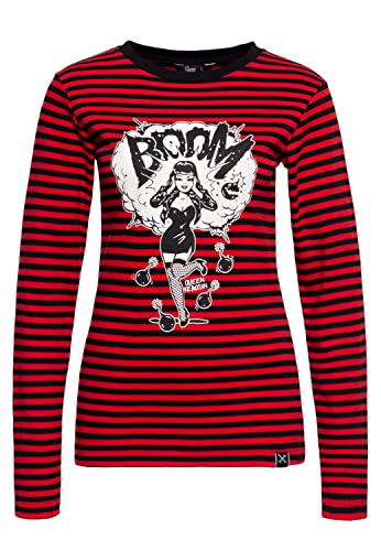 Queen Kerosin Damen Langarmshirt Shirt Gestreift Pin-Up Frontprint Vintage Print Comic-Style 50´S Bomb Devil von Queen Kerosin