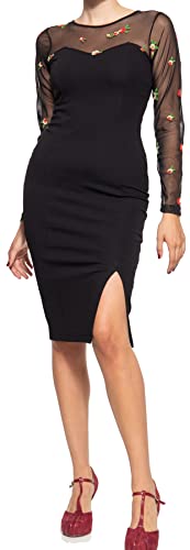Queen Kerosin Damen Pencil Dress Bleistiftkleid Mesh Optik Stickerei Rosen Cocktailkleid Partykleid Vintage Abendmode von Queen Kerosin
