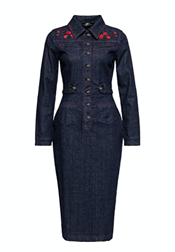 Queen Kerosin Damen Pencil Jeans Kleid Bleistiftkleid Denim Kleid Westernkleid Stickerei Roses Roses von Queen Kerosin