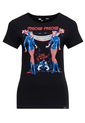 Queen Kerosin Damen Print T-Shirt Shirt Kurzarmshirt Cat 50S Comic Vintage Retro Rockabella Damen Top Meow Meow von Queen Kerosin