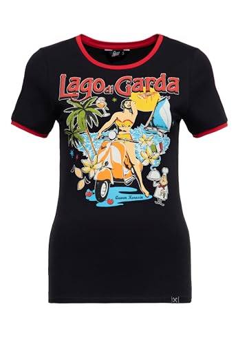 Queen Kerosin Damen Print T-Shirt | Shirt | Kurzarmshirt | Lago Di Garda | Gardasee | Vintage | Retro | Artwork | Ringer| Slim Fit Lago Di Garda von Queen Kerosin