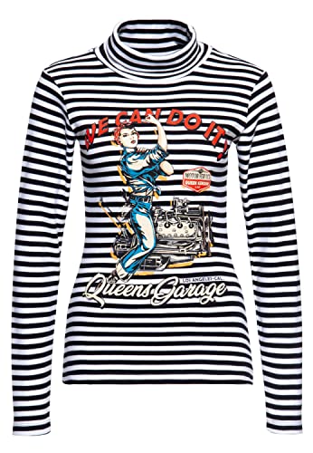 Queen Kerosin Damen Rollkragen Langarmshirt Gestreift 50´S Frontprint Vintage Print Rockabilly We Can Do It von Queen Kerosin
