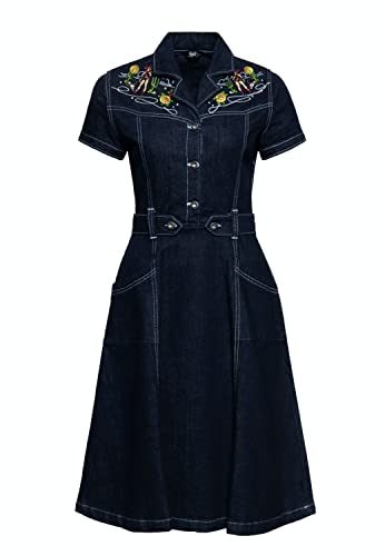 Queen Kerosin Damen Swing Jeanskleid | Denim Kleid | Bleistiftkleid | Vintage | PencilDress | Pencil Skirt | 50S | Rockabilly | Westernkleid | Stickerei von Queen Kerosin