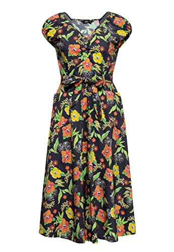 Queen Kerosin Damen Swing Kleid | Tropischer All-Over-Print | Sommerkleid | Hibiskus | 50S | 40S | 60S | Tropical | Vintage | Rockabilly | Rockabella Hibiskus Black von Queen Kerosin