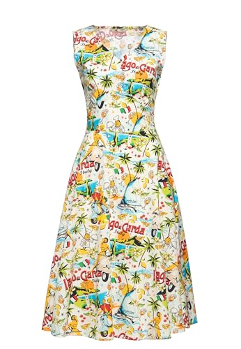 Queen Kerosin Damen Swingkleid Sommerkleid Gardasee Lake Garda Italy 50S Rockabella Ärmellos Allover-Print Baumwolle V-Ausschnitt Lago Di Garda von Queen Kerosin