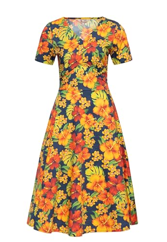Queen Kerosin Damen Swingkleid Sommerkleid Hibiskus Hawaii Tropical Rockabella 50S Retro Vintage V-Ausschnitt Kurzarm Allover-Print Baumwolle Hibiskus von Queen Kerosin