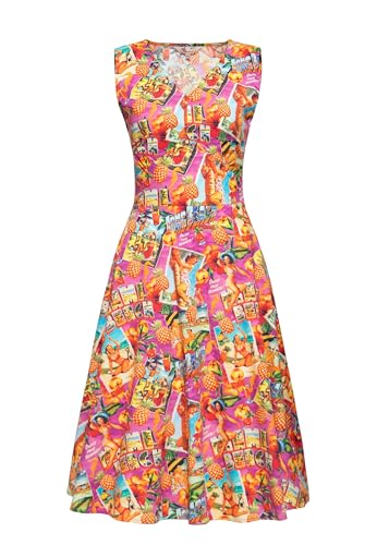 Queen Kerosin Damen Swingkleid Sommerkleid Pinup 50S Rockabella Ärmellos Allover-Print Baumwolle V-Ausschnitt Miami California Miami & Long Beach von Queen Kerosin