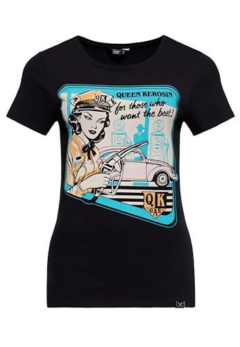 Queen Kerosin Damen T-Shirt · Print Shirt · Kurzarm · Rundhals · Slim Fit · Vintage · 50s · Retro · Rockabella · Oldtimer · Comic Art · Elastisch · Top · Schwarz · Qk Gas von Queen Kerosin