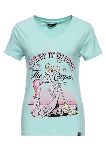 Queen Kerosin Damen T-Shirt · Printshirt · Vintage · Logodruck · 50s · Retro · Rockabella · Rockabilly · Slim Fit · Elastisch · V-Ausschnitt · Kurzarm · Sweep It Under The Carpet von Queen Kerosin