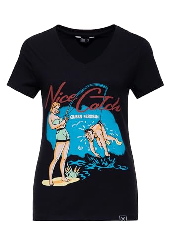 Queen Kerosin Damen T-Shirt · Printshirt · Vintage · Statement-Print · 50s · Retro · Rockabella · Rockabilly · Slim Fit · Elastisch · Rundhals · Kurzarm · Pinup · Nice Catch von Queen Kerosin