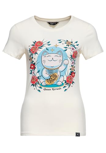 Queen Kerosin Damen T-Shirt · Top · Print · Printshirt · Artwork · Druck · Maneki · Neko · Glückskatze · Japanisch · Tattoo · Roses · Cat · Retro · Vintage · Rundhals · Elastan · Slim Fit · Lucky Cat von Queen Kerosin