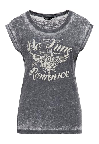 Queen Kerosin Damen T-Shirt Damen Enzym Wash Used Look Vintage Tattoo Art Motorrad Biker Riding Sleevles Top Rose Knife Oldschool No Time for Romance von Queen Kerosin