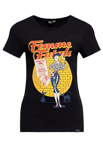 Queen Kerosin Damen T-Shirt Femme Fatale Vintage Retro Rockabilly 50s Cat Print Artwork Comic Femme Fatale von Queen Kerosin