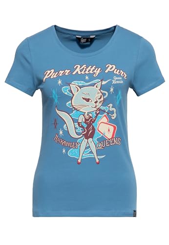 Queen Kerosin Damen T-Shirt Rockabilly Kitty 50S Slim Fit Front-Print Retro Vintage Rock'n'roll Cat Comic Art Purr Kitty Purr von Queen Kerosin