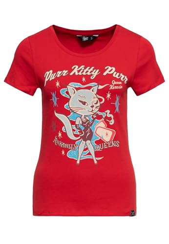Queen Kerosin Damen T-Shirt Rockabilly Kitty 50S Slim Fit Front-Print Retro Vintage Rock'n'roll Cat Comic Art Purr Kitty Purr von Queen Kerosin
