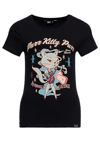 Queen Kerosin Damen T-Shirt Rockabilly Kitty 50S Slim Fit Front-Print Retro Vintage Rock'n'roll Cat Comic Art Purr Kitty Purr von Queen Kerosin