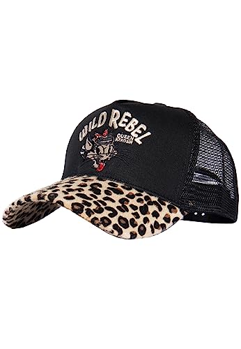 Queen Kerosin Damen Trucker Cap | Leopardenmuster | Caps | Bikercap | Leopardenfell| Frontstickerei | Truckerkappe | Meshcap | 7 Lochverschluss Wild Rebel von Queen Kerosin