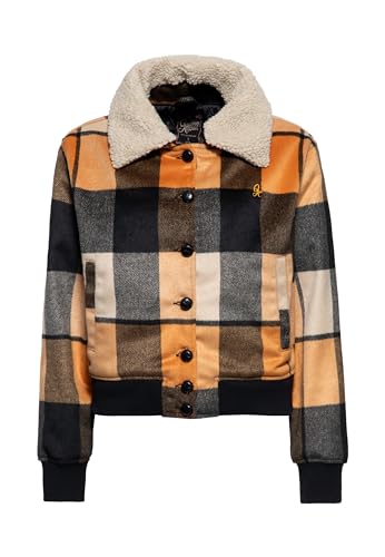 Queen Kerosin Damen Trucker Jacke Sherpajacke Collegejacke Langarm Fliegerjacke Vintage Retro Karo Winterjacke Teddyfell Wolle Wolljacke Qk von Queen Kerosin