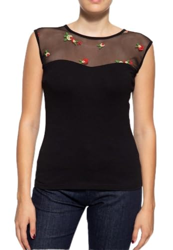 Queen Kerosin Damen Vintage Top T-Shirt Mesh Optik Rosen Stickerei Kurzarm Top Shirt 50´S Roses von Queen Kerosin