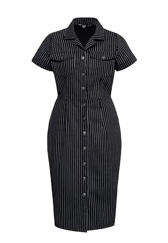 Queen Kerosin Damen Workwear Dress Pinstriped Dress Pencil Dress Bleistiftkleid Etuikleid 50S Rockabella Pin-Up Vintage Retro Denim Jeans von Queen Kerosin
