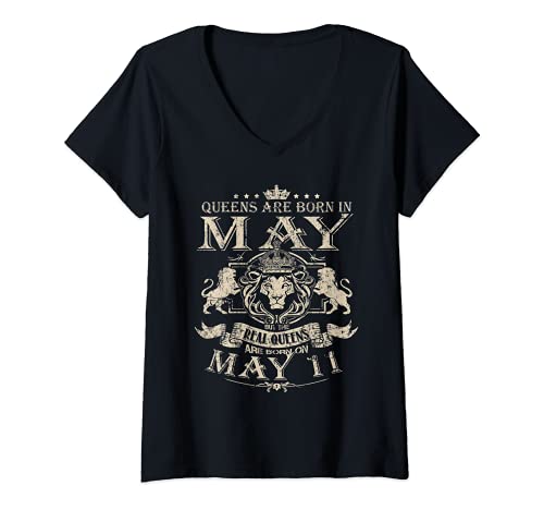 Damen Queens Are Born On May 11. Mai – 11. Geburtstag T-Shirt T-Shirt mit V-Ausschnitt von Queen May Birthday