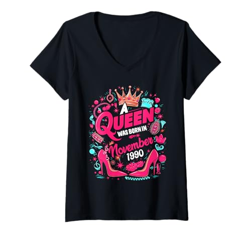 Damen Eine Königin wurde im November 1990 geboren. November, Geburtstagskind T-Shirt mit V-Ausschnitt von Queen Since November 1990 November girl women