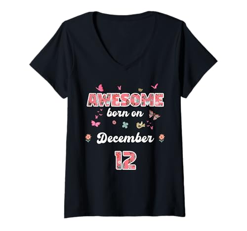 Damen Königin geboren im Dezember 12 Blumen 12. Dezember Geburtstag T-Shirt mit V-Ausschnitt von Queen born in December 12 flowers 12th December