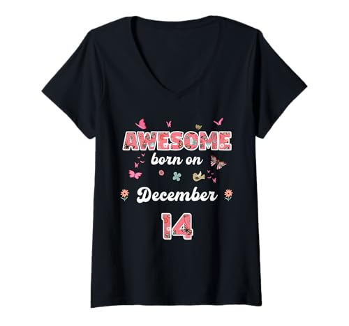Damen Königin geboren im Dezember 14 Blumen 14. Dezember Geburtstag T-Shirt mit V-Ausschnitt von Queen born in December 14 flowers 14th December