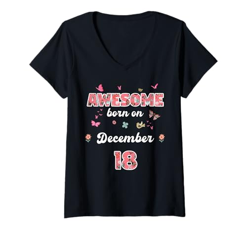 Damen Königin geboren im Dezember 18 Blumen 18. Dezember Geburtstag T-Shirt mit V-Ausschnitt von Queen born in December 18 flowers 18th December