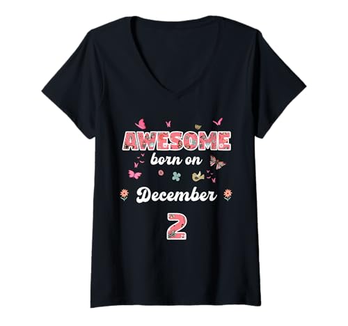 Damen Königin geboren im Dezember 2 Blumen 2. Dezember Geburtstag T-Shirt mit V-Ausschnitt von Queen born in December 2 flowers 2nd December