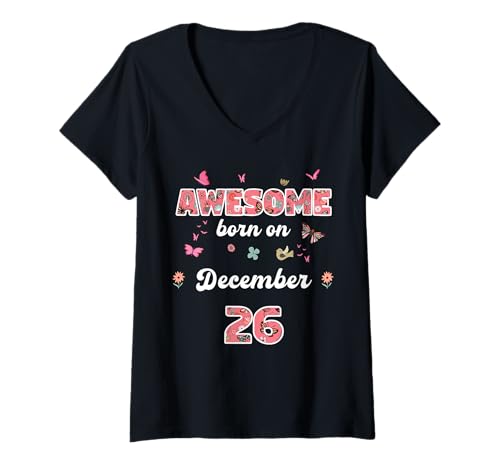Damen Königin geboren im Dezember 26 Blumen 26. Dezember Geburtstag T-Shirt mit V-Ausschnitt Damen Königin geboren im Dezember 26 Blumen 26. Dezember Geburtstag T-Shirt mit V-Ausschnitt von Queen born in December 26 flowers 26th December