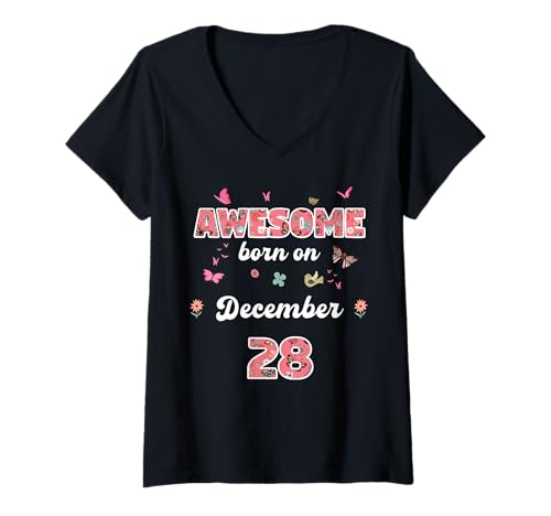 Damen Königin geboren im Dezember 28 Blumen 28. Dezember Geburtstag T-Shirt mit V-Ausschnitt von Queen born in December 28 flowers 28th December