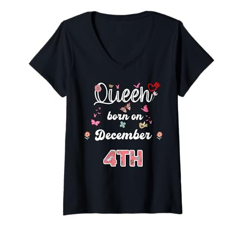 Damen Königin geboren im Dezember 4 Blumen 4. Dezember Geburtstag T-Shirt mit V-Ausschnitt Damen Königin geboren im Dezember 4 Blumen 4. Dezember Geburtstag T-Shirt mit V-Ausschnitt von Queen born in December 4 flowers 4th December