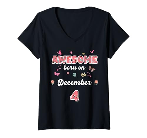 Damen Königin geboren im Dezember 4 Blumen 4. Dezember Geburtstag T-Shirt mit V-Ausschnitt Damen Königin geboren im Dezember 4 Blumen 4. Dezember Geburtstag T-Shirt mit V-Ausschnitt von Queen born in December 4 flowers 4th December
