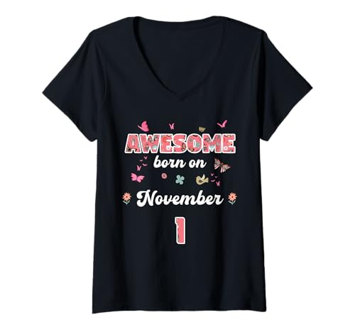 Damen Königin geboren im November 1 Blumen 1. November Geburtstag T-Shirt mit V-Ausschnitt Damen Königin geboren im November 1 Blumen 1. November Geburtstag T-Shirt mit V-Ausschnitt von Queen born in November 1 flowers 1st November