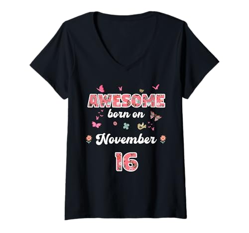 Damen Königin geboren im November 16 Blumen 16. November Geburtstag T-Shirt mit V-Ausschnitt Damen Königin geboren im November 16 Blumen 16. November Geburtstag T-Shirt mit V-Ausschnitt von Queen born in November 16 flowers 16th November