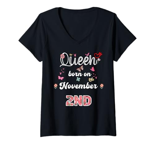 Damen Königin geboren im November 2 Blumen 2. November Geburtstag T-Shirt mit V-Ausschnitt Damen Königin geboren im November 2 Blumen 2. November Geburtstag T-Shirt mit V-Ausschnitt von Queen born in November 2 flowers 2nd November