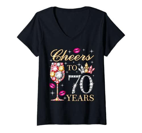 Damen Cheers To 70 Years Old Women 70. Geburtstagsfeier zum 70. Geburtstag T-Shirt mit V-Ausschnitt von Queen's Cheers Tees