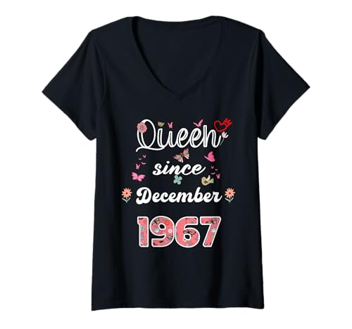 Damen Königin seit Dezember 1967 Blumen 1967 Dezember Geburtstag T-Shirt mit V-Ausschnitt von Queen since December 1967 flowers 1967 December