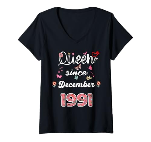 Damen Königin seit Dezember 1991 Blumen 1991 Dezember Geburtstag T-Shirt mit V-Ausschnitt Damen Königin seit Dezember 1991 Blumen 1991 Dezember Geburtstag T-Shirt mit V-Ausschnitt von Queen since December 1991 flowers 1991 December