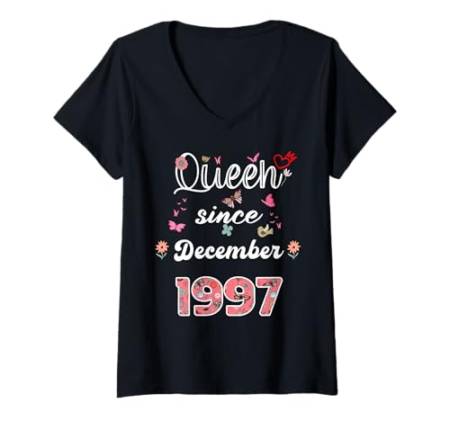 Damen Königin seit Dezember 1997 Blumen 1997 Dezember Geburtstag T-Shirt mit V-Ausschnitt Damen Königin seit Dezember 1997 Blumen 1997 Dezember Geburtstag T-Shirt mit V-Ausschnitt von Queen since December 1997 flowers 1997 December