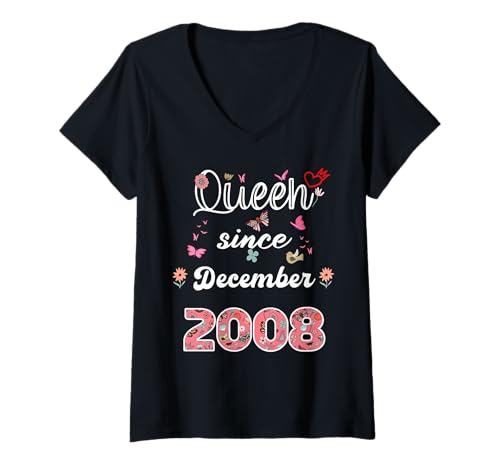 Damen Königin seit Dezember 2008 Blumen 2008 Dezember Geburtstag T-Shirt mit V-Ausschnitt Damen Königin seit Dezember 2008 Blumen 2008 Dezember Geburtstag T-Shirt mit V-Ausschnitt von Queen since December 2008 flowers 2008 December