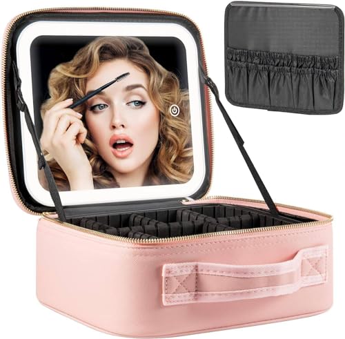 Queen.Y Make-up-Koffer mit Spiegel-LED-Licht, tragbare Kosmetiktasche mit verstellbaren Trennwänden für Damen, rose, modisch von Queen.Y