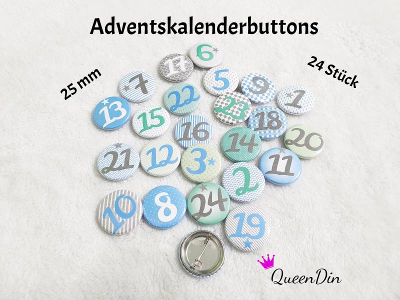 24 Adventskalenderbuttons Ø25 Mm Grün/Blau/Grau/Weiß | Nadelbuttons von QueenDin