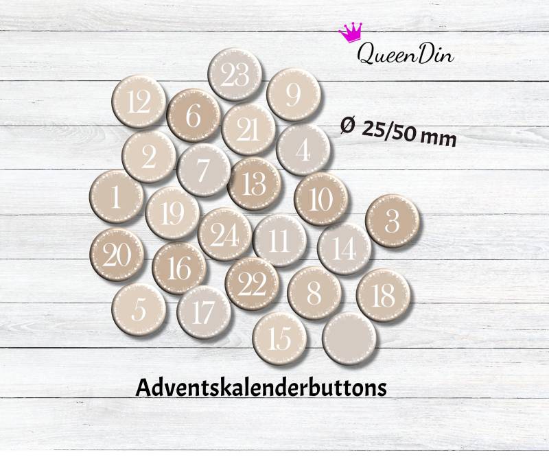 25 Adventskalenderbuttons Ø25/50 Mm Beige/Weiß | Nadelbuttons von QueenDin