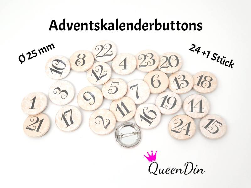 25 Adventskalenderbuttons Ø25 Mm Beige/Weiß | Nadelbuttons von QueenDin